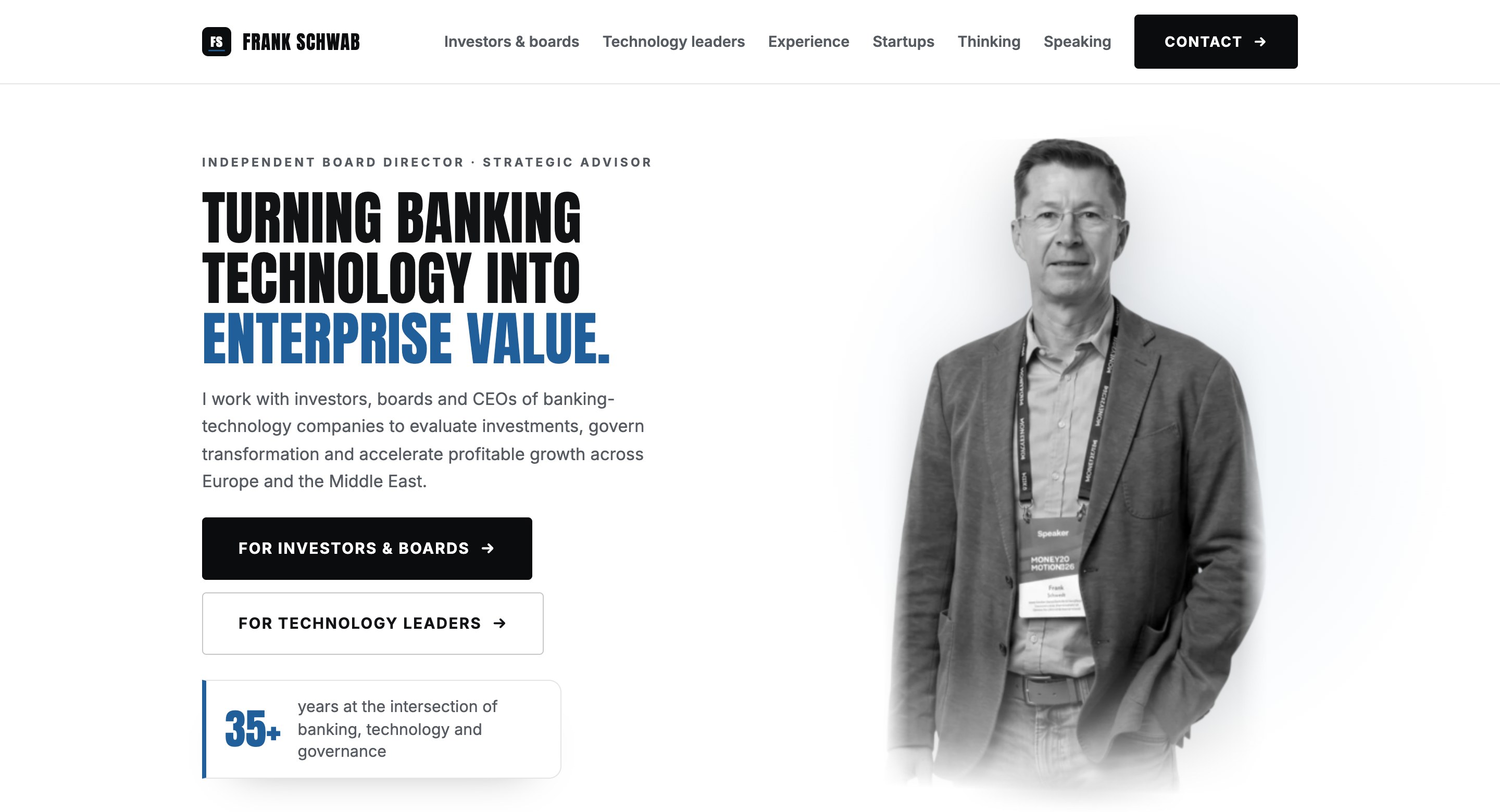 The new homepage: 'Turning banking technology into enterprise value', with paths for investors and boards and for technology leaders.