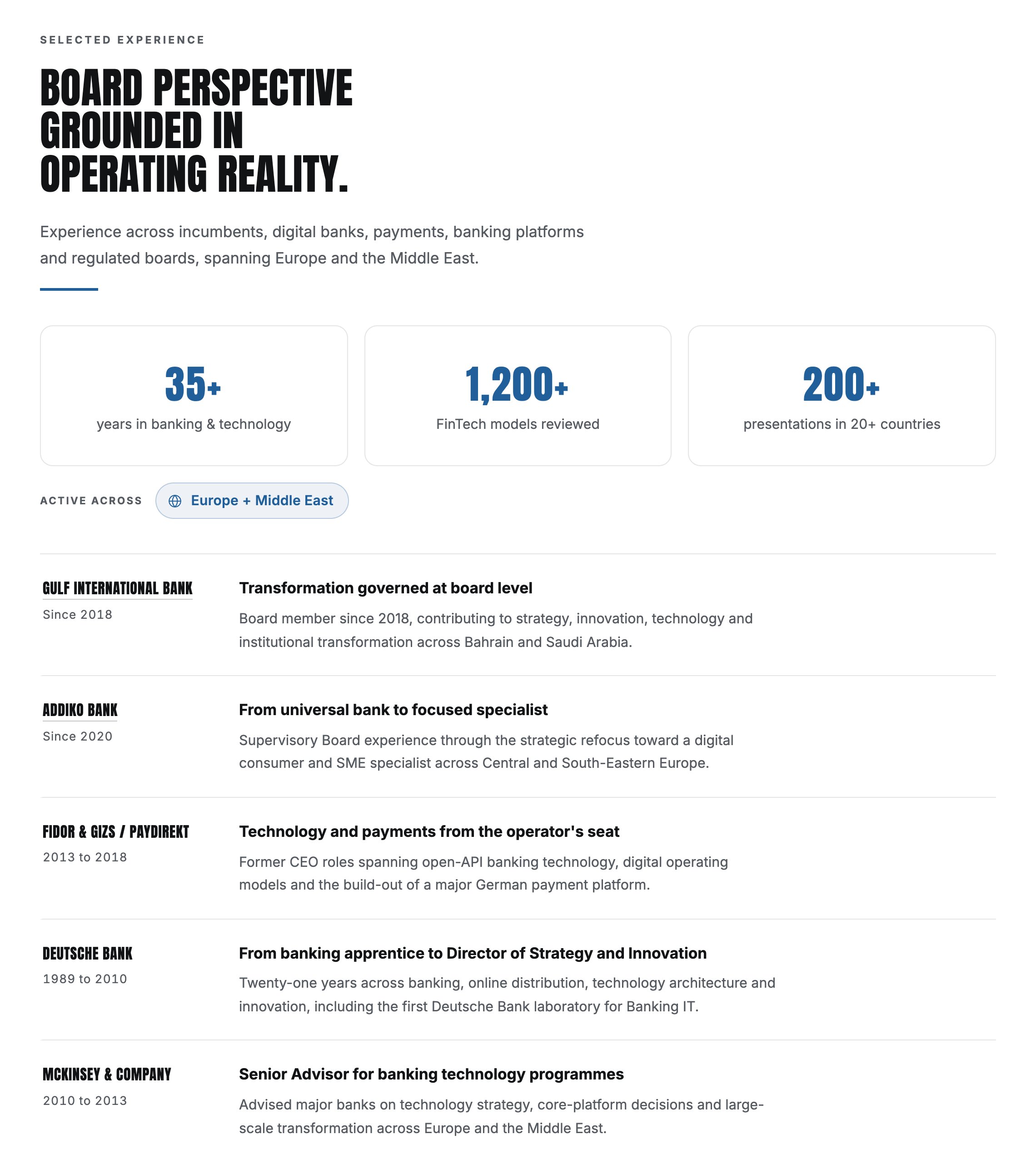 Selected experience: 35+ years, 1,200+ fintech models reviewed, 200+ presentations, and a timeline of board and executive roles.
