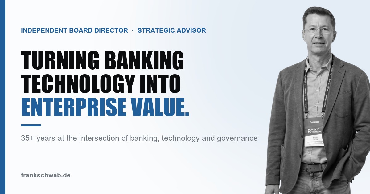 Frank Schwab's link preview card: 'Turning banking technology into enterprise value', with his photo.